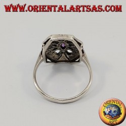Octagonal silver ring with natural oval amethyst surrounded by marcasite