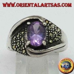 Twist model silver ring with natural oval set and marcasite amethyst
