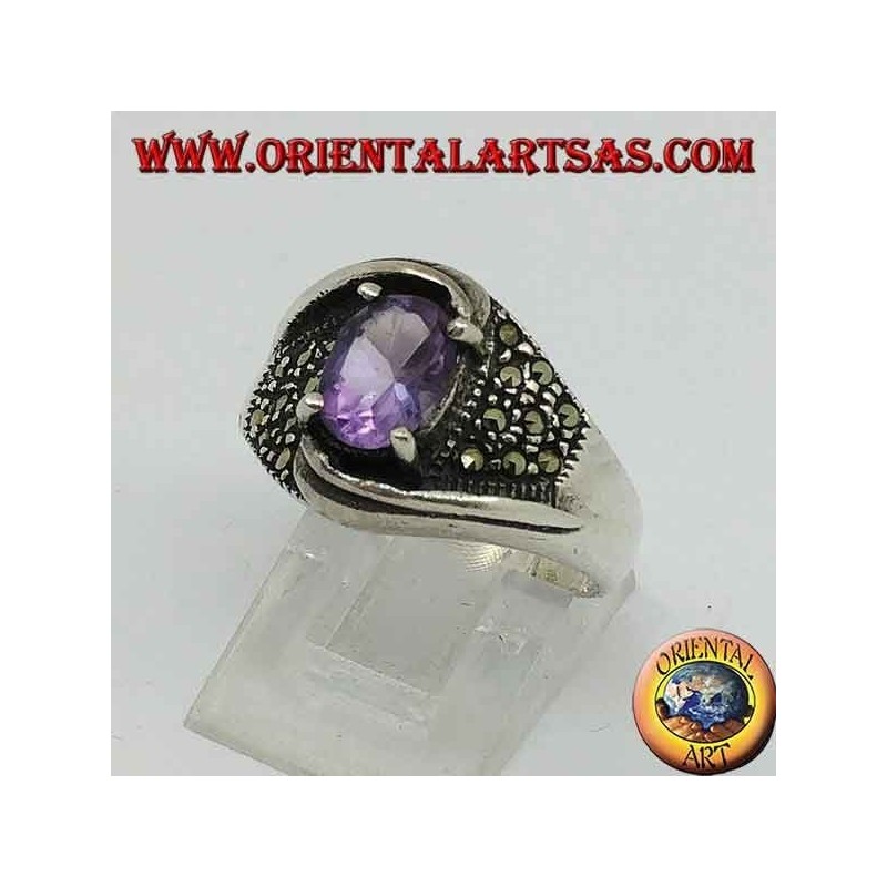 Twist model silver ring with natural oval set and marcasite amethyst