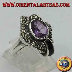 Silver ring with natural oval amethyst and onyx surrounded by marcasite
