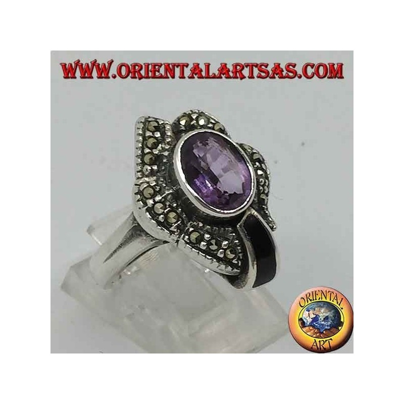 Bague en argent avec améthyste ovale naturelle et onyx entourée de marcassite