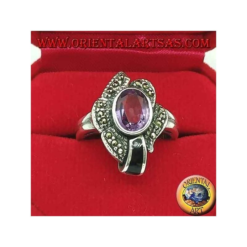 Silver ring with natural oval amethyst and onyx surrounded by marcasite