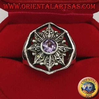 Anello in argento rosa dei venti con ametista tonda naturale contornata da marcassite