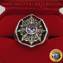 Wind rose silver ring with natural round amethyst surrounded by marcasite