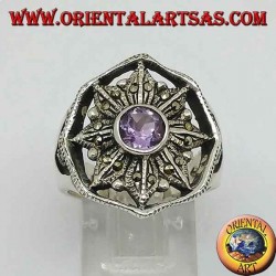Windrosa Silberring mit natürlichem rundem Amethyst, umgeben von Markasit