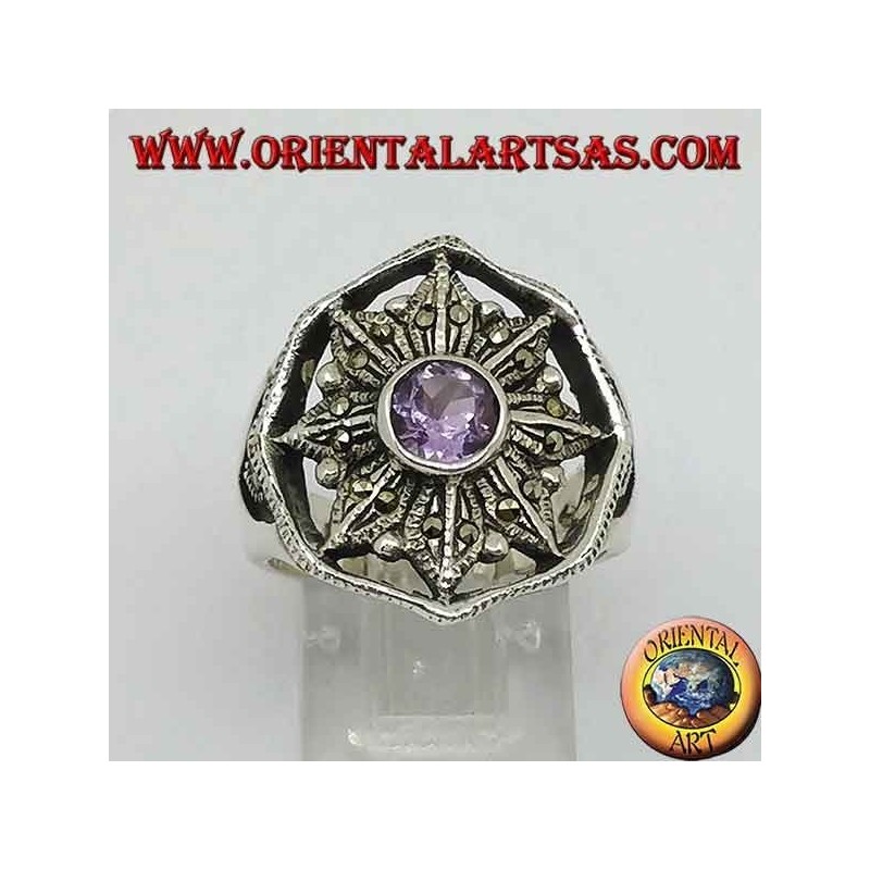 Bague en argent rose des vents avec améthyste ronde naturelle entourée de marcassite