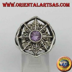 Windrosa Silberring mit natürlichem rundem Amethyst, umgeben von Markasit