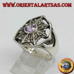 Wind rose silver ring with natural round amethyst surrounded by marcasite