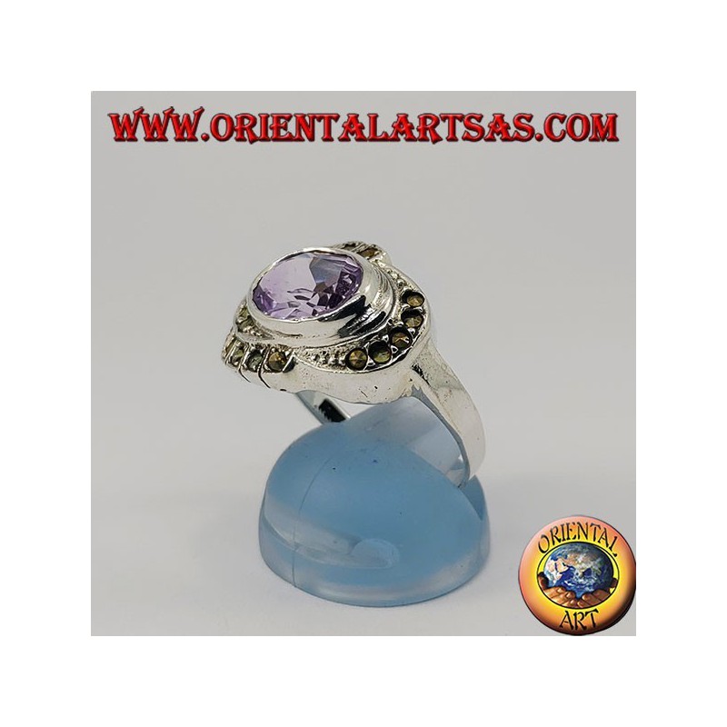 Natural oval horizontal amethyst silver ring surrounded by marcasite