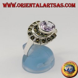 Bague en argent améthyste horizontale ovale naturelle entourée de marcassite