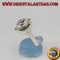 Bague en argent améthyste horizontale ovale naturelle entourée de marcassite