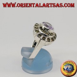Natürlicher ovaler horizontaler Amethyst-Silberring, umgeben von Markasit