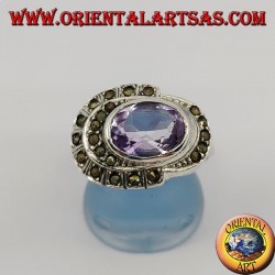 Natürlicher ovaler horizontaler Amethyst-Silberring, umgeben von Markasit