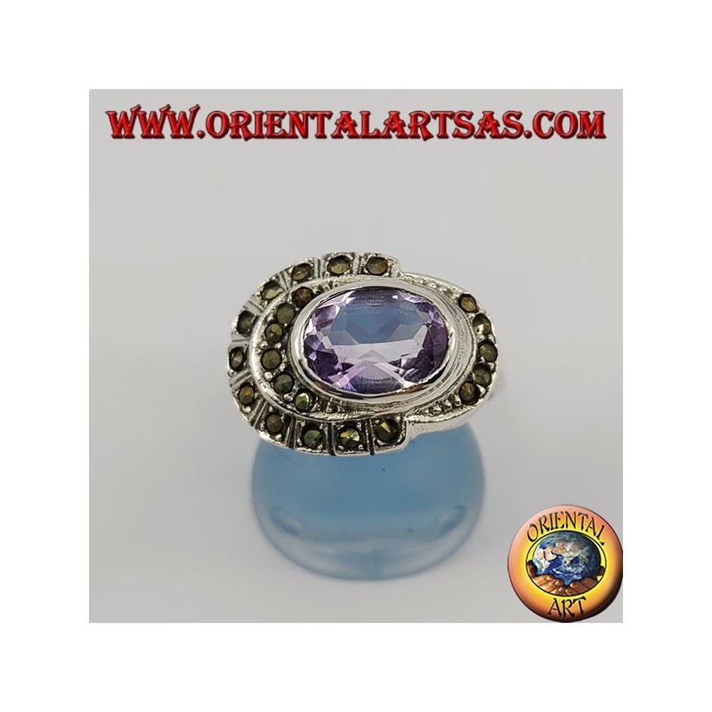 Natural oval horizontal amethyst silver ring surrounded by marcasite