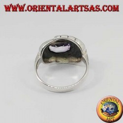 Natürlicher ovaler horizontaler Amethyst-Silberring, umgeben von Markasit