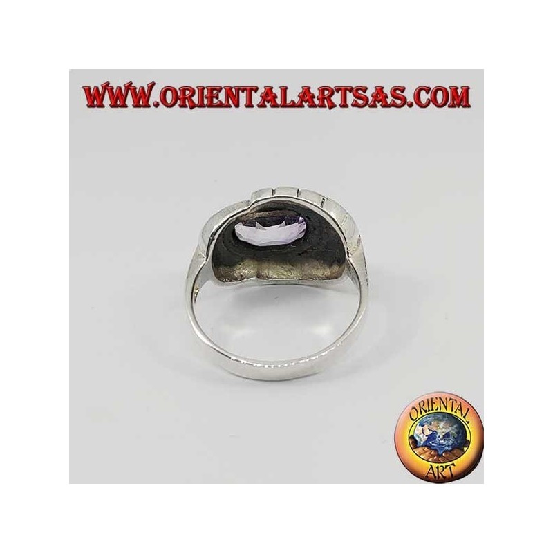 Natural oval horizontal amethyst silver ring surrounded by marcasite