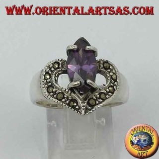 Bague coeur en argent avec navette améthyste naturelle et marcassite