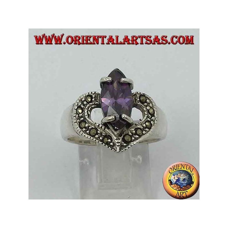 Silver heart ring with natural shuttle amethyst and marcasite