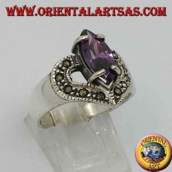 Silver heart ring with natural shuttle amethyst and marcasite