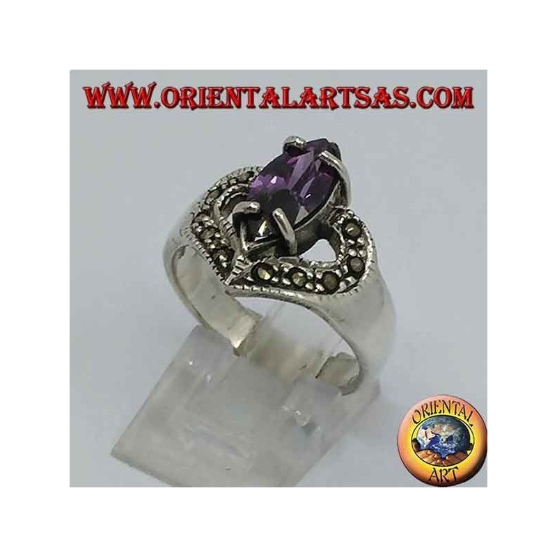 Bague coeur en argent avec navette améthyste naturelle et marcassite