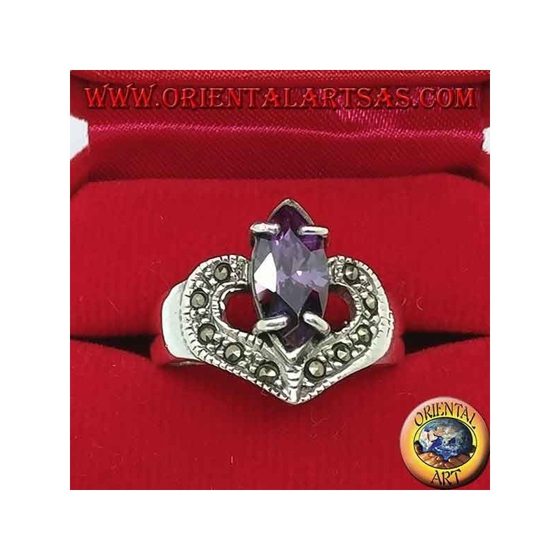 Bague coeur en argent avec navette améthyste naturelle et marcassite