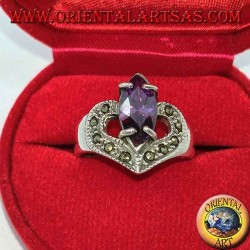 Silberner Herzring mit natürlichem Shuttle-Amethyst und Markasit