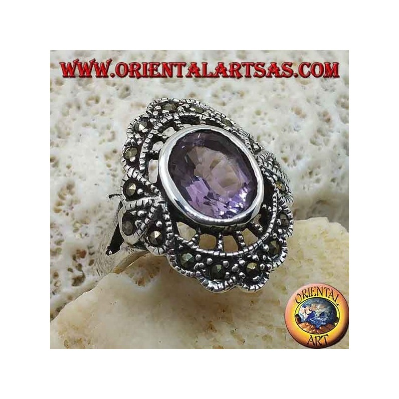 Anello Argento 925 Ametista Ovale naturale e Marcasite Nuvoletta