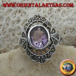 Anillo de plata con burbuja de diálogo con amatista ovalada natural y marcasita