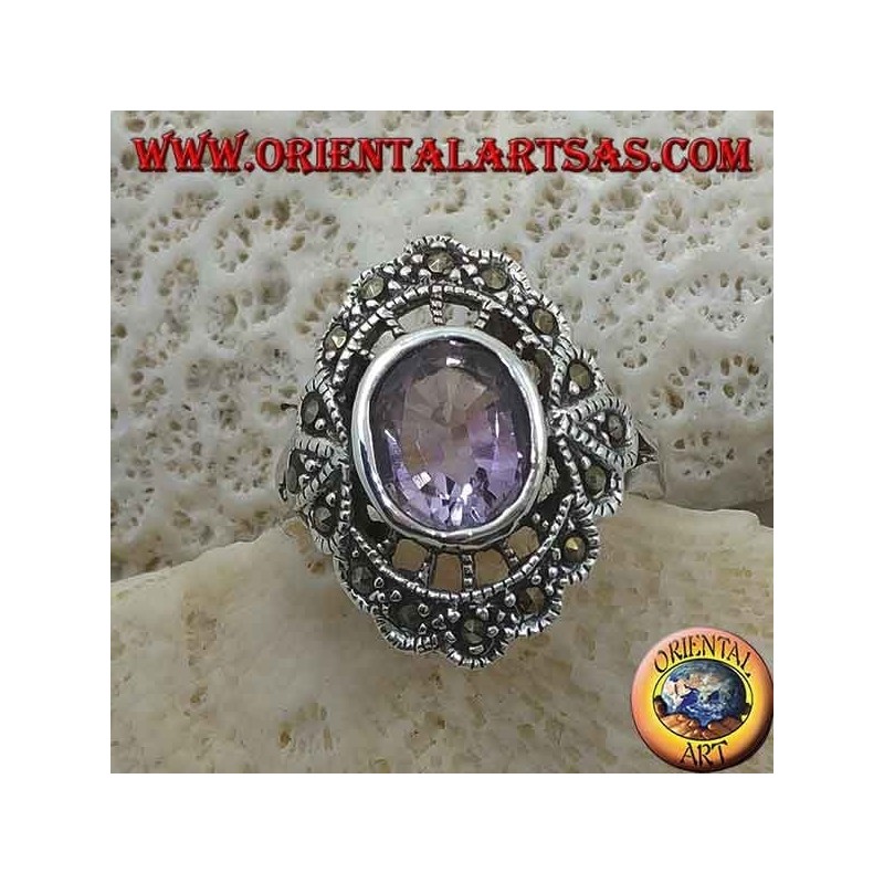 Silver ring with speech bubble with natural oval amethyst and marcasite