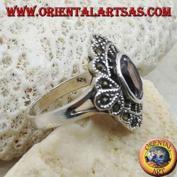 Silver ring with speech bubble with natural oval amethyst and marcasite