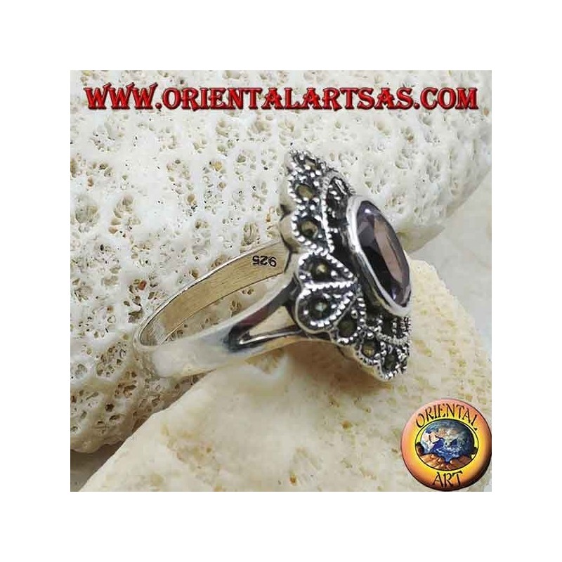 Anello Argento 925 Ametista Ovale naturale e Marcasite Nuvoletta