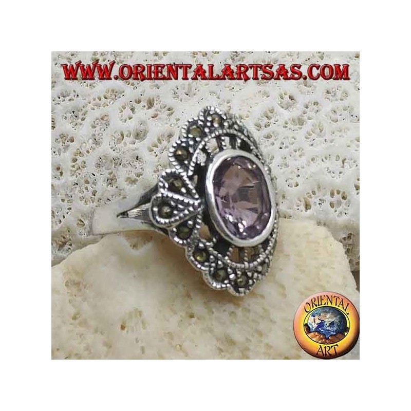 Anello Argento 925 Ametista Ovale naturale e Marcasite Nuvoletta