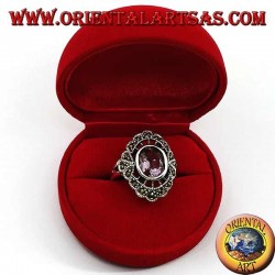 Silver ring with speech bubble with natural oval amethyst and marcasite