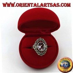 Silver ring with speech bubble with natural oval amethyst and marcasite