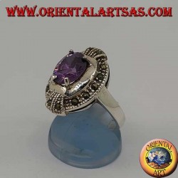 Elliptical silver ring with natural oval set and marcasite amethyst