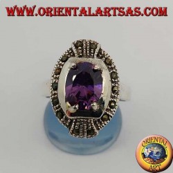 Elliptical silver ring with natural oval set and marcasite amethyst