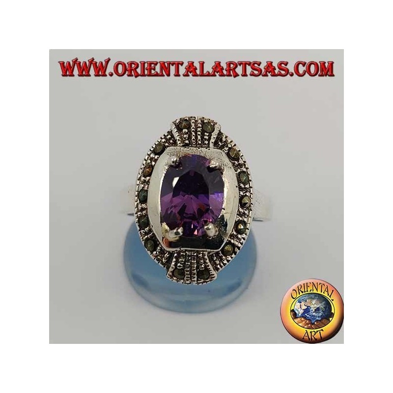 Elliptischer Silberring mit natürlichem Oval und Markasit-Amethyst