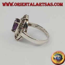 Elliptical silver ring with natural oval set and marcasite amethyst