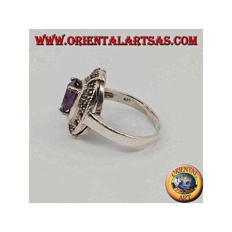 Elliptischer Silberring mit natürlichem Oval und Markasit-Amethyst