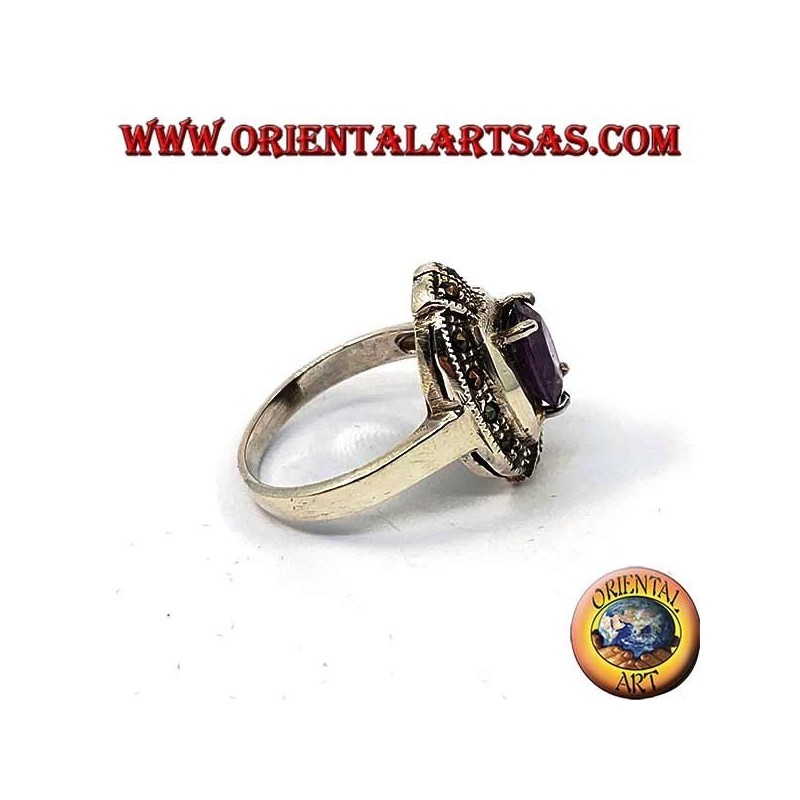 Elliptical silver ring with natural oval set and marcasite amethyst