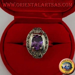 Elliptical silver ring with natural oval set and marcasite amethyst