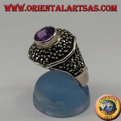 Octagonal silver ring with round natural amethyst studded with marcasite