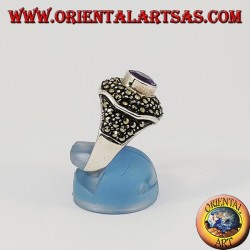 Anillo de plata octogonal con amatista redonda natural tachonada con marcasita