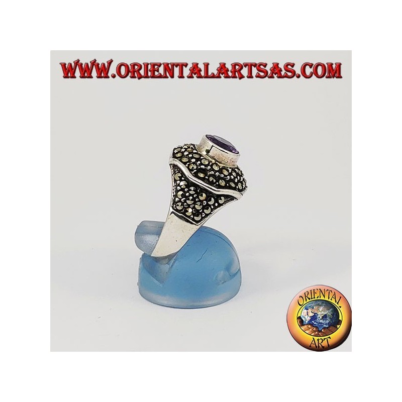 Octagonal silver ring with round natural amethyst studded with marcasite