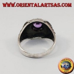 Bague octogonale en argent avec améthyste naturelle ronde parsemée de marcassite