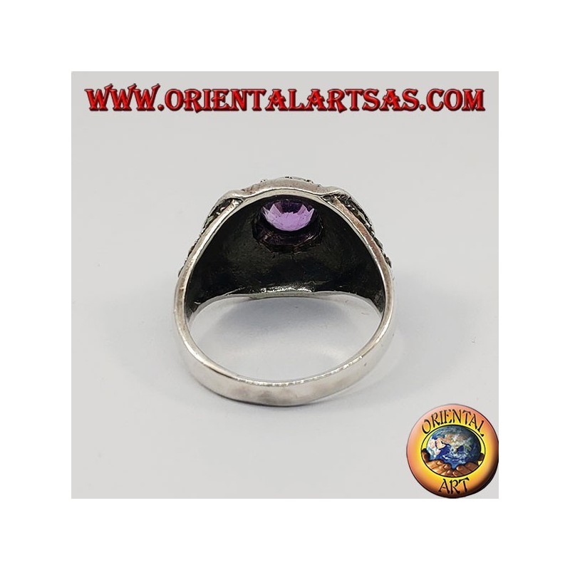 Octagonal silver ring with round natural amethyst studded with marcasite