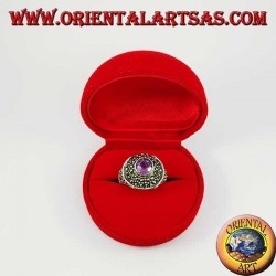 Bague octogonale en argent avec améthyste naturelle ronde parsemée de marcassite