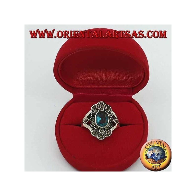 Daisy silver ring with oval blue topaz and marcasite