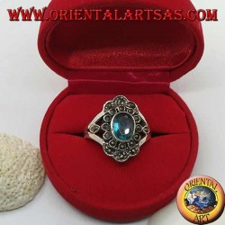 Daisy silver ring with oval blue topaz and marcasite