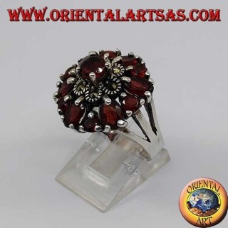 Silver double flower ring of marcasite and garnet with embossed round garnet